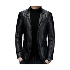 Slim-fit Two Button Black Leather Blazer