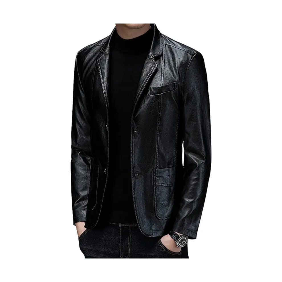 Slim-fit Two Button Black Leather Blazer