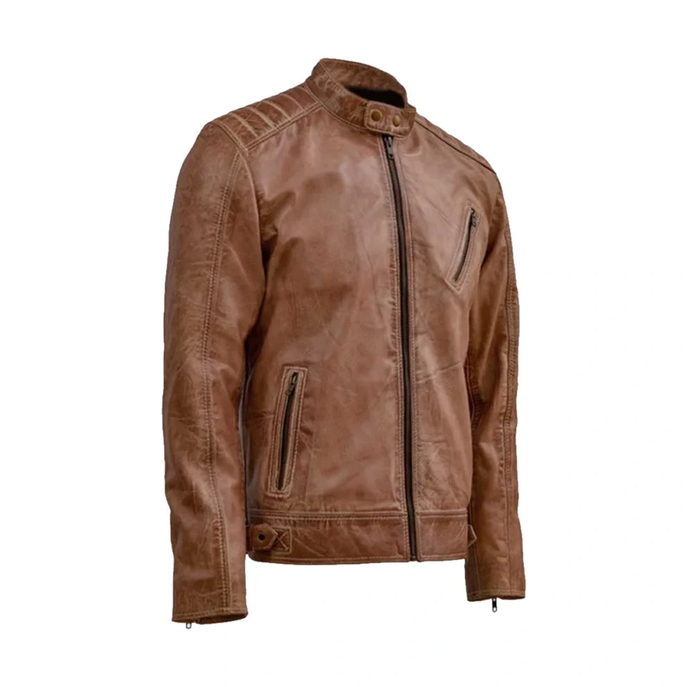 Waxed Tan Biker Style Real Leather Jacket