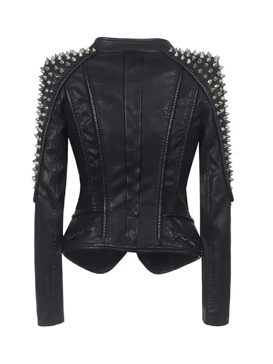 Women’s Black Studded Leather Biker Jacket with Spiked Shoulders
