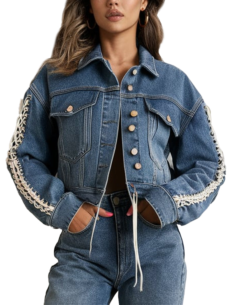 Stylish Blue Denim Jacket With Unique Lace-Up Design