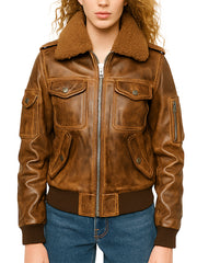 Stylish Brown Leather Bomber Jacket With Fur Collar