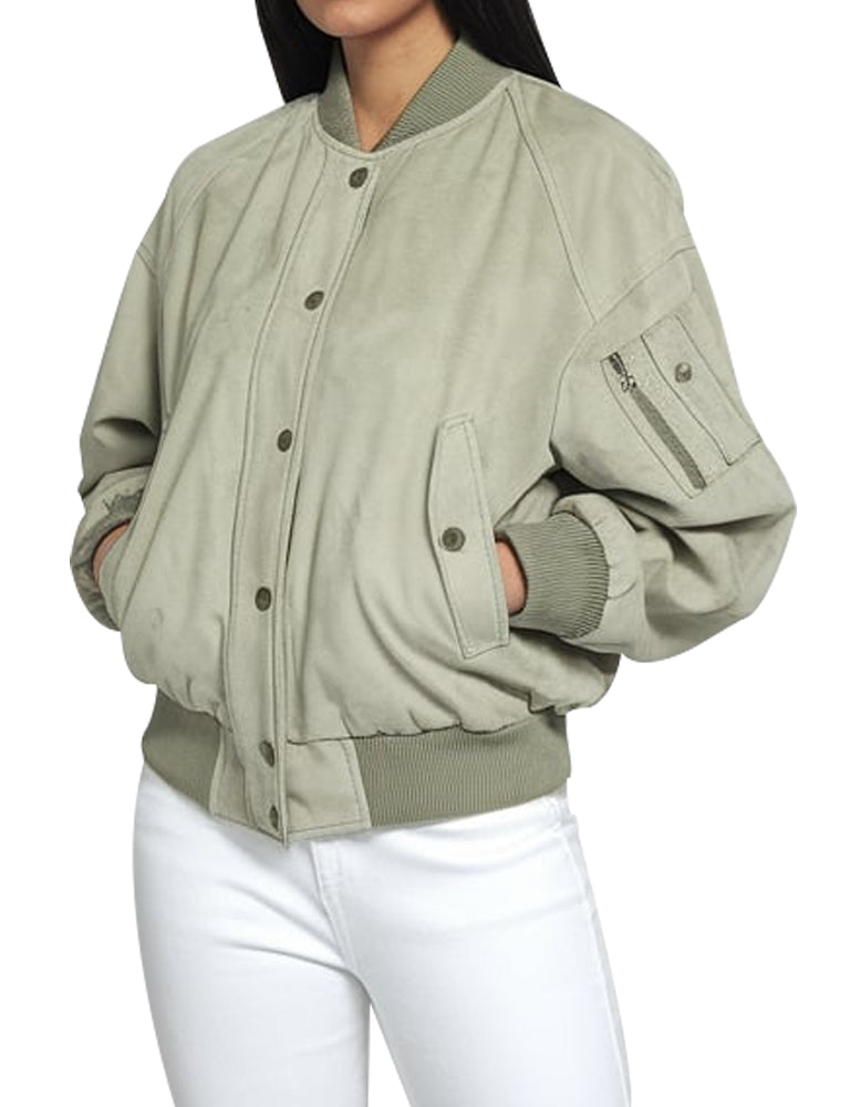 Stylish Sage Green Suede Bomber Jacket For Women