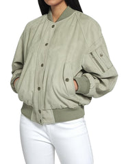 Stylish Sage Green Suede Bomber Jacket For Women