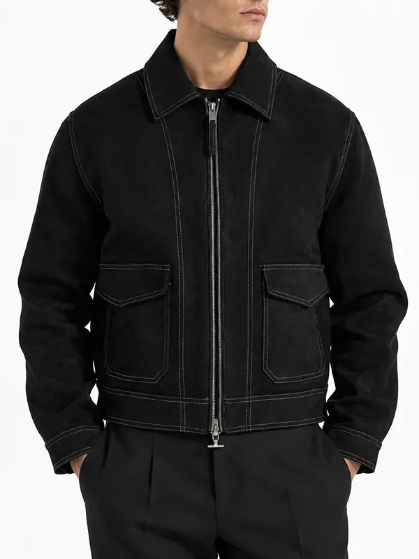 Men's black suede-style jacket with contrast stitching, pointed collar, zip closure and two front flap pockets.