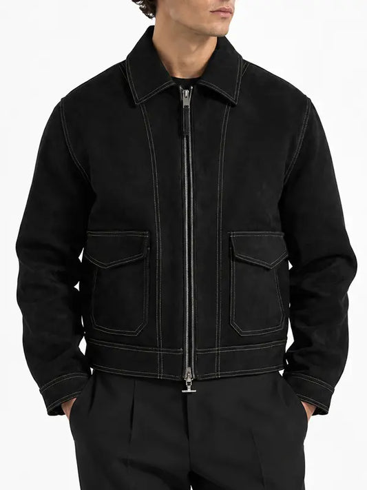 Men's black suede-style jacket with contrast stitching, pointed collar, zip closure and two front flap pockets.