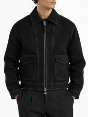 Men's black suede-style jacket with contrast stitching, pointed collar, zip closure and two front flap pockets.