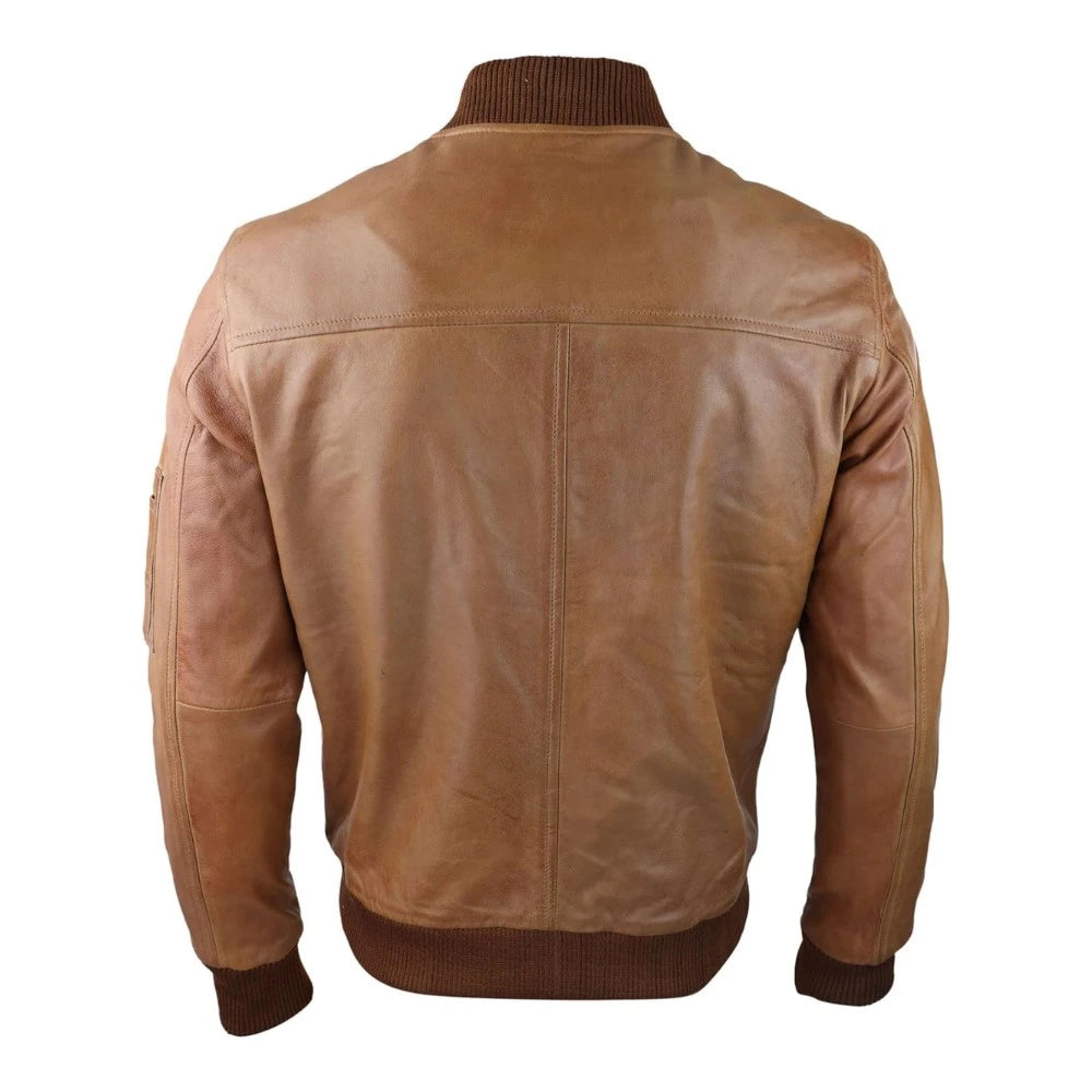 Tan Waxed Bomber Leather Jacket