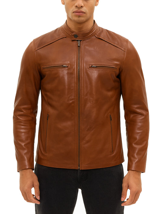 Tan Brown Biker Shirt Style Leather Jacket