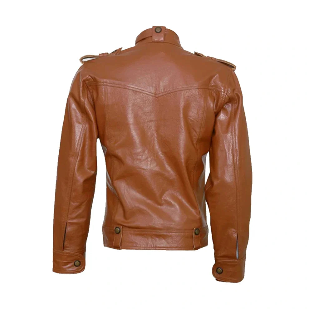 Two Pocket Tan Brown Biker Leather Jacket