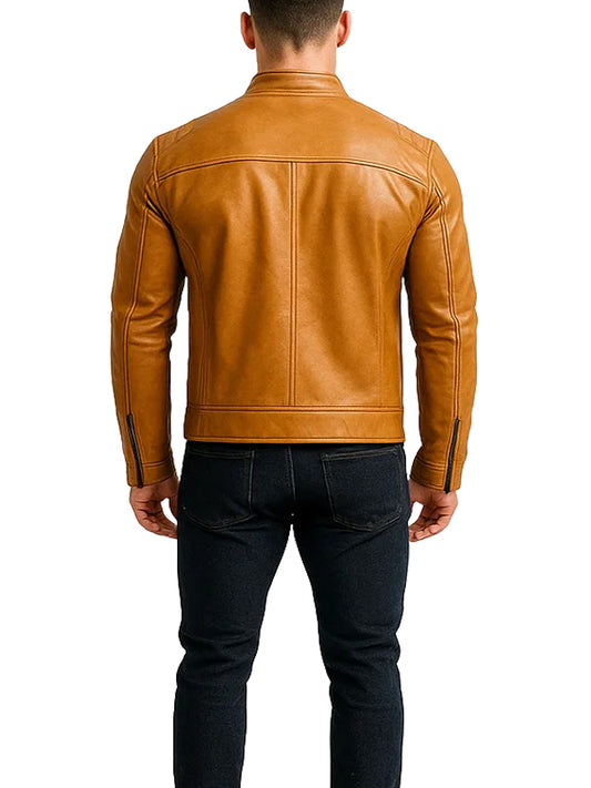 Tan Brown Moto Biker Leather Jacket Mens