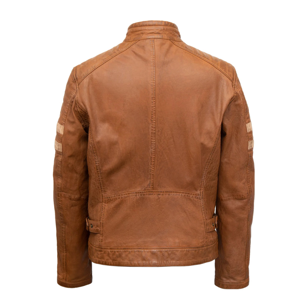 Tan Brown Stripes Biker Leather Jacket