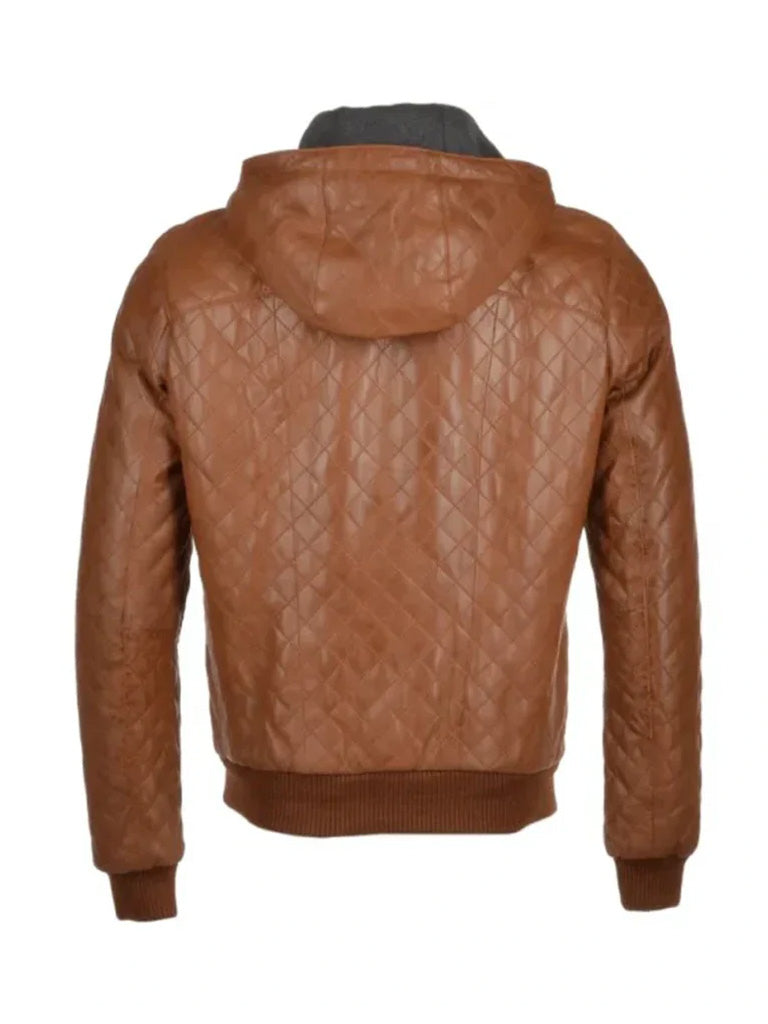 Tan Brown Bomber Style Quilted Leather Jacket