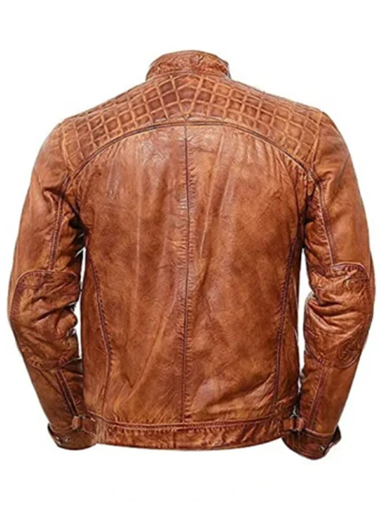 Tan Brown Quilted Biker Leather Jacket