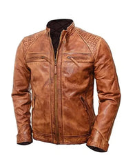 Tan Brown Quilted Biker Leather Jacket