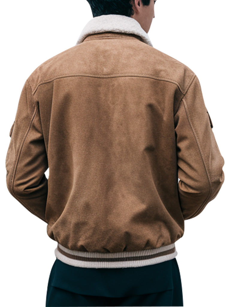 Tan suede jacket with white sherpa collar
