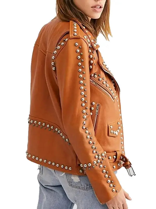Women’s Tan Studded Leather Biker Jacket with Silver Rivets