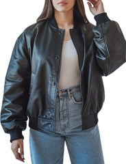 Timeless Black Leather Bomber Jacket for Women