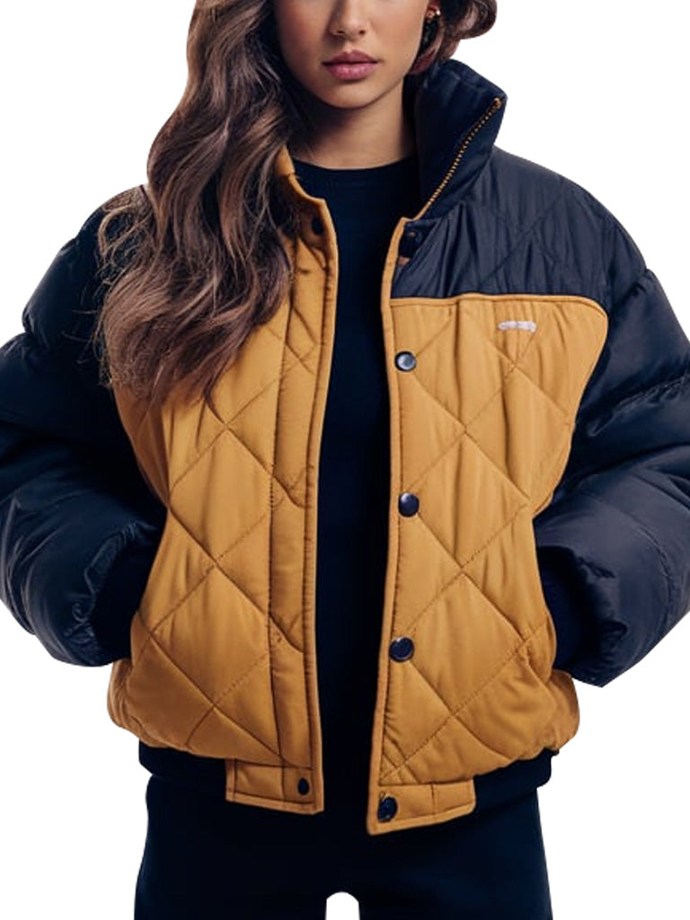 Two-Tone Quilted Puffer Jacket With High Neck