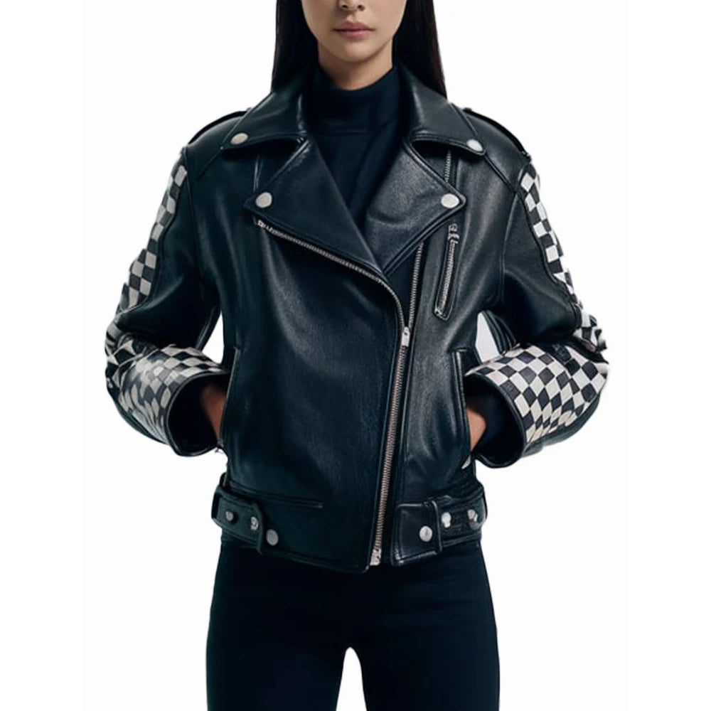 Women's Checkered Studded Leather Biker Jacket