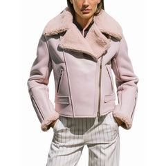 Women's Pastel Pink Genuine Shearling Couture Biker Jacket