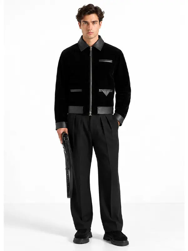 Velvet & Vegan Leather Contrast Jacket – Black