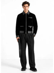 Velvet & Vegan Leather Contrast Jacket – Black