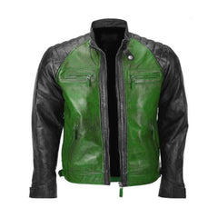 Green and Black Quilted Biker Leather Jacket