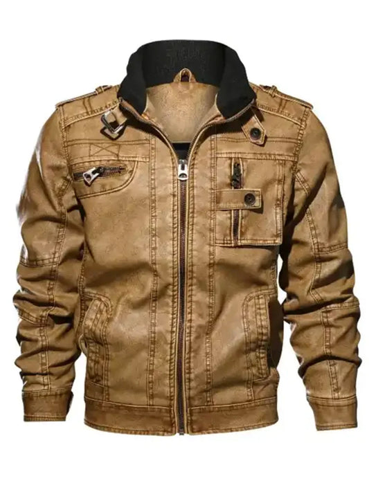 Vintage Brown Stand Collar Biker Leather Jacket