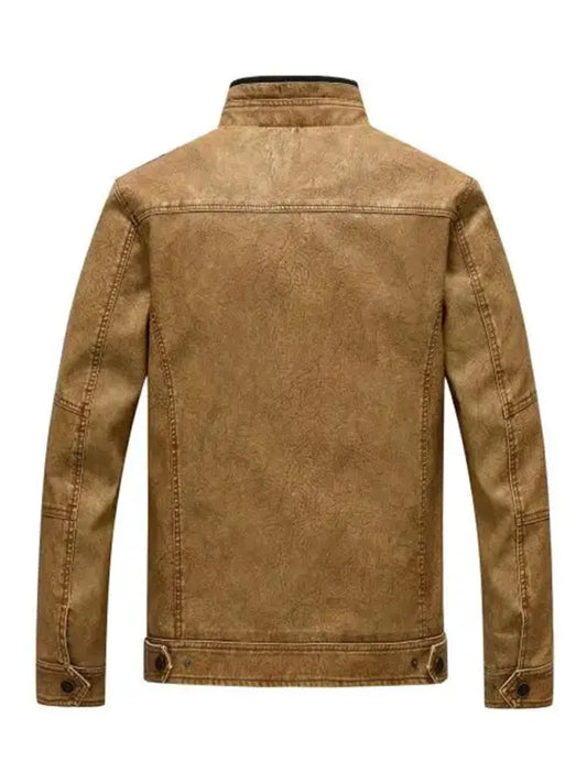 Vintage Brown Stand Collar Biker Leather Jacket