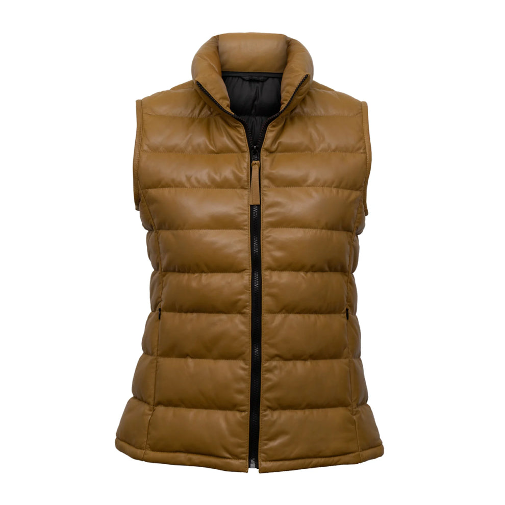 Khaki Brown Funnel Leather Gilet