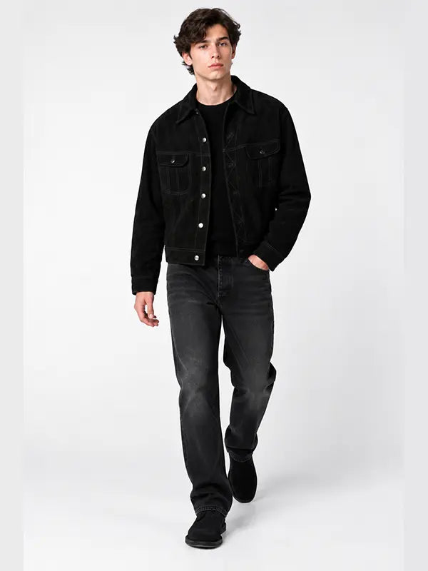 Men's black suede trucker jacket with snap buttons and chest flap pockets