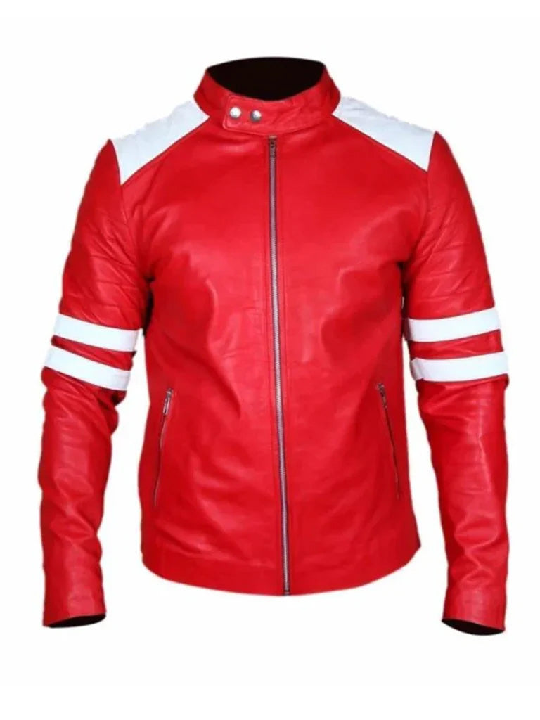 White Stripes Retro Mayhem Red Genuine Leather Jacket