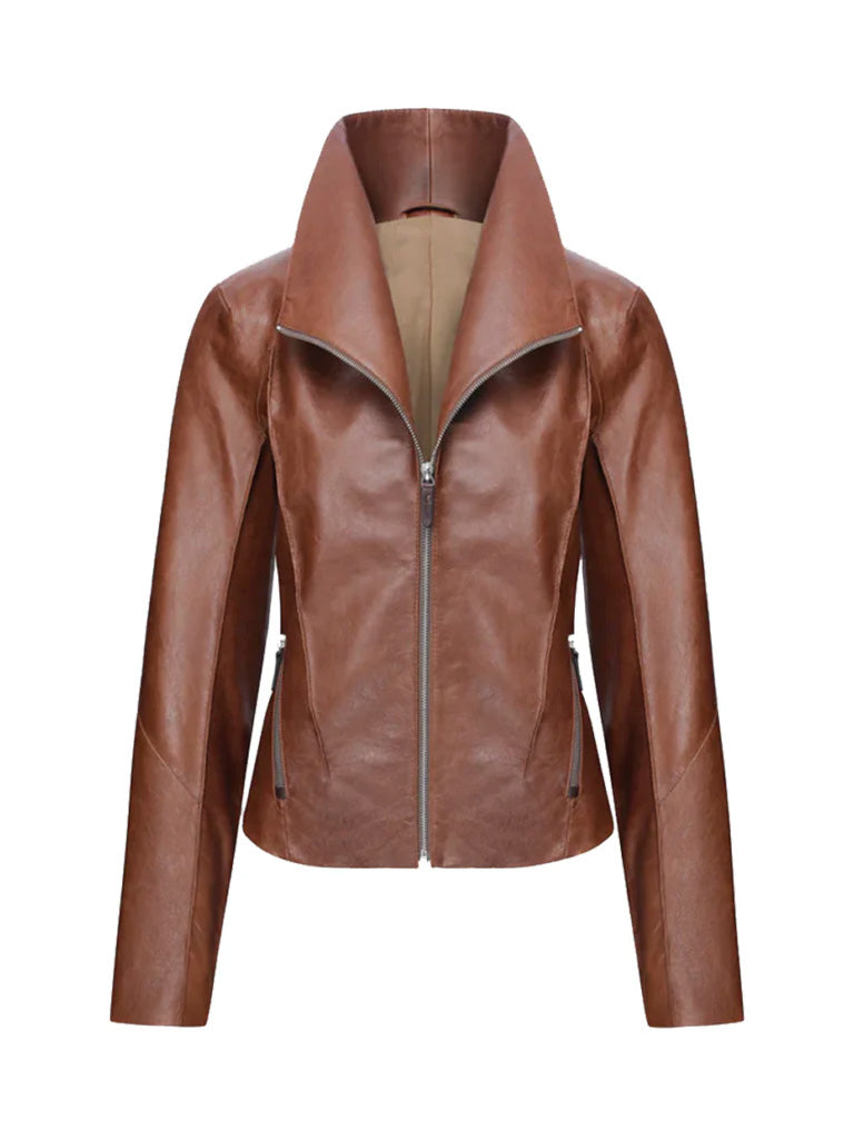 WoMen's Tan Brown Regular Fit Leather Jacket