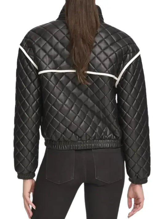 Women’s Black Quilted Leather Bomber Jacket with Contrast Trim