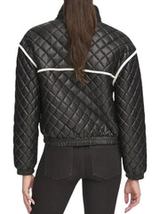 Women’s Black Quilted Leather Bomber Jacket with Contrast Trim