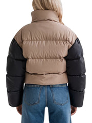 Women's Beige And Black Contrast Puffer Jacket