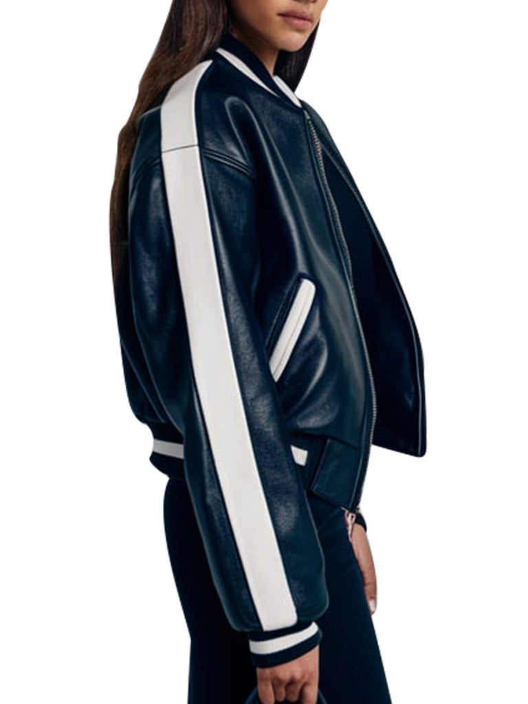 Women's Black Leather Varsity Jacket With White Stripes