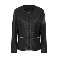 Collar Less Black Quilted Leather Jacket