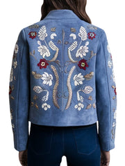 Women's Blue Embroidered Floral Jacket