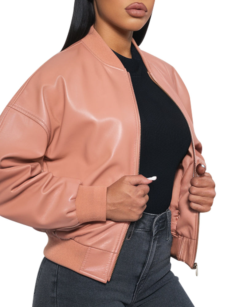 Women Blush Pink Leather Hazel Bomber Jacket