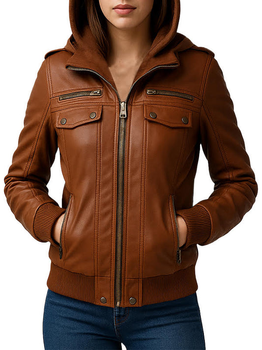 Women Brown Leather Bomber Jacket With Hood 