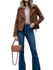 Women's Brown Suede Studded Moto Jacket