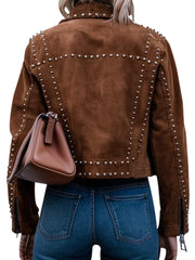 Women's Brown Suede Studded Moto Jacket