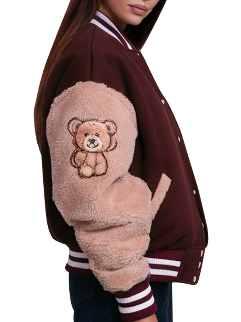 Women's Brown Varsity Jacket With Teddy Bear Sleeve Design