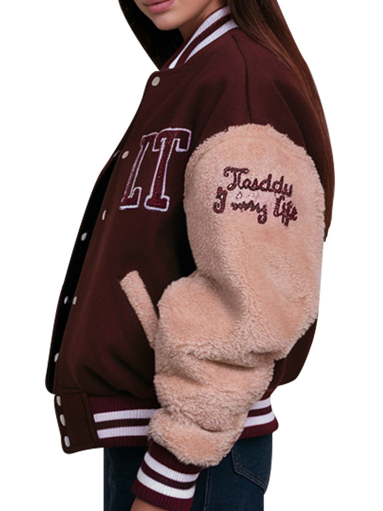 Women's Brown Varsity Jacket With Teddy Bear Sleeve Design