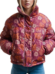 Women's Burgundy And Orange Floral Print Puffer Jacket