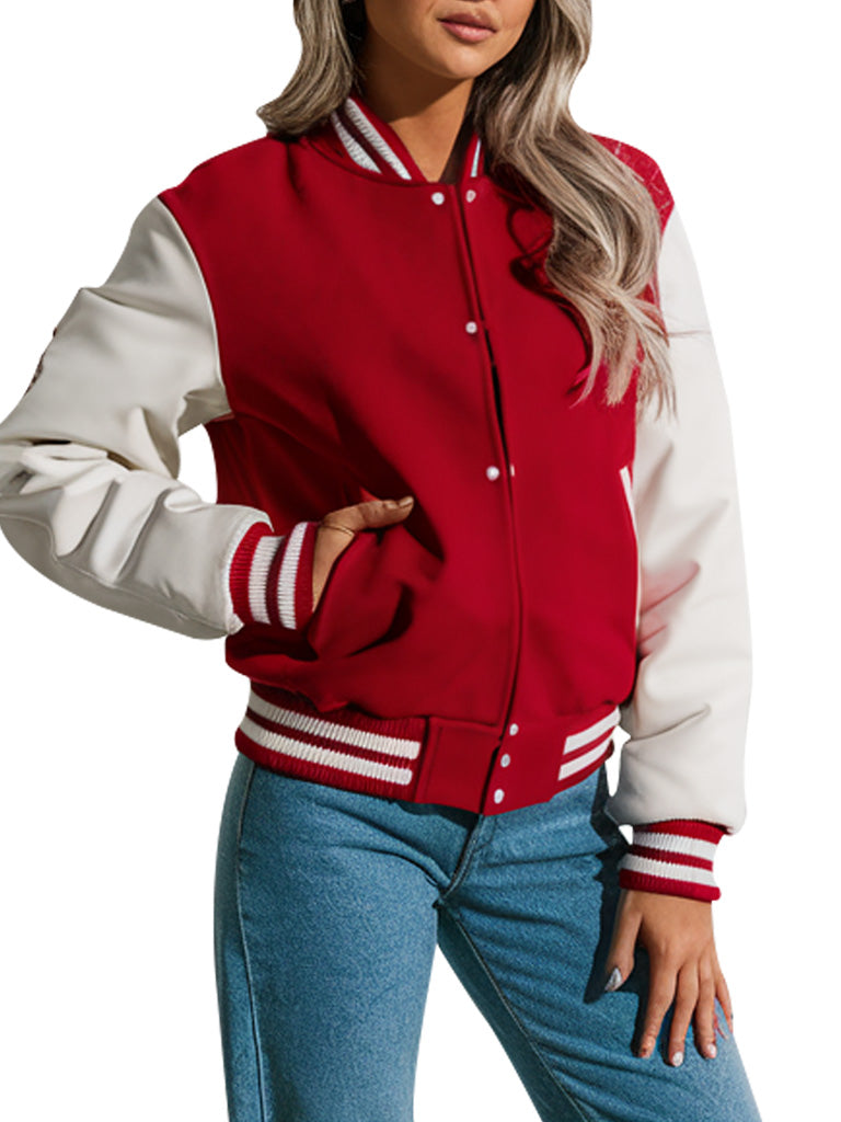 Women's Classic Letterman Style Red and White Varsity Jacket