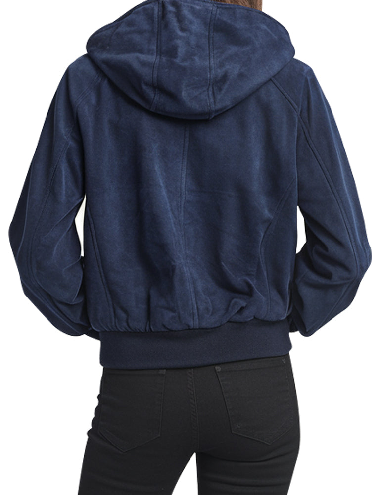 Women's Navy Blue Hooded Suede Bomber Jacket