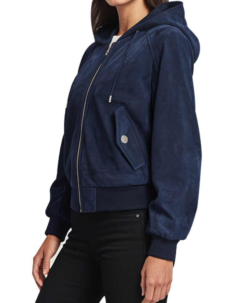 Women's Navy Blue Hooded Suede Bomber Jacket